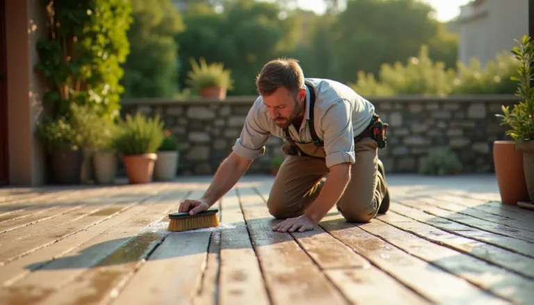 Artisan nettoyant une terrasse bois avec une brosse rigide et un produit moussant, illustrant comment nettoyer efficacement une terrasse en bois