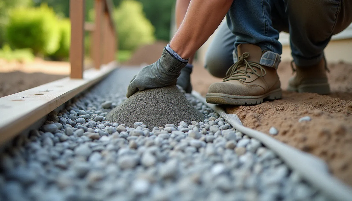 Préparation du sol avec couche de gravier et géotextile avant la pose d'une terrasse bois extérieure