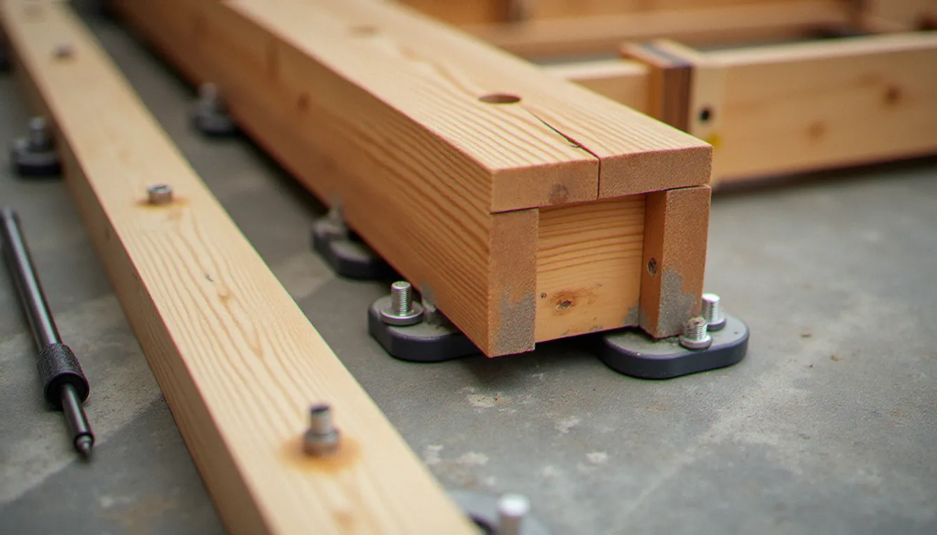 Pose de lambourdes en bois sur plots réglables en plastique pour la structure porteuse d'une terrasse bois