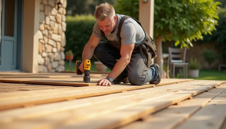 Artisan posant des lames de terrasse bois en douglas sur une terrasse extérieure ensoleillée, technique de pose professionnelle terrasse bois comment poser