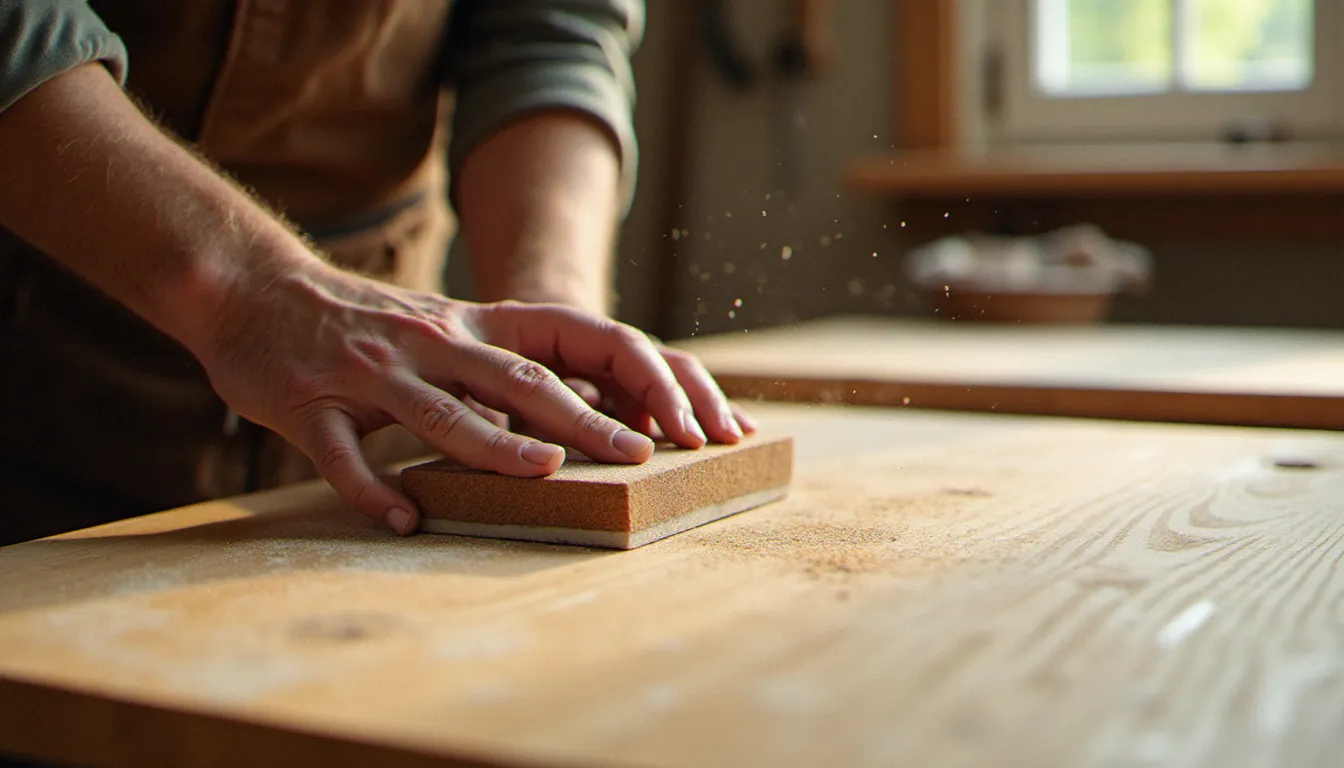 Ponçage manuel d'une surface en bois de pin avec une cale à poncer et papier abrasif grain 120, étape de préparation avant l'application du vernis bois