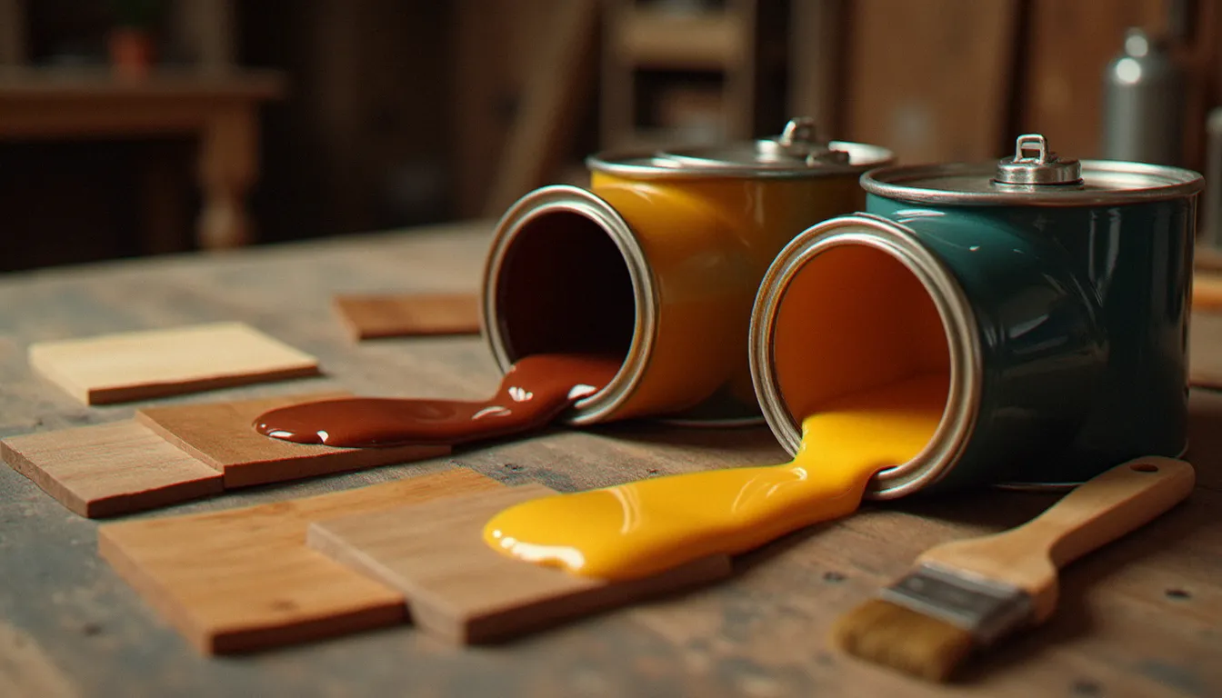 Trois pots de vernis bois ouverts côte à côte sur un établi avec des échantillons de bois vernis en brillant, satiné et mat, illustrant les différents rendus de finition possibles