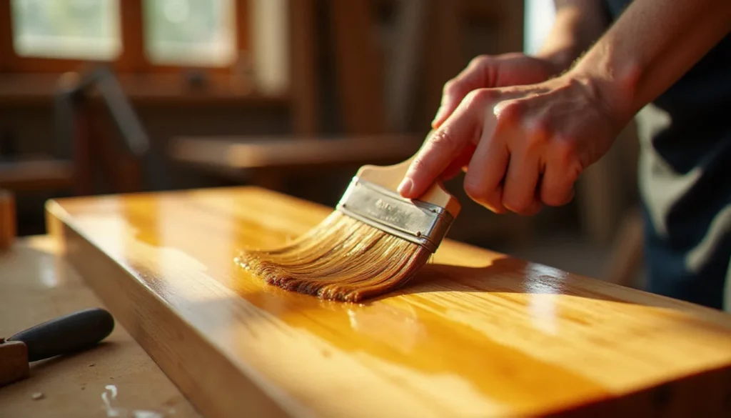 Artisan appliquant un vernis bois avec un pinceau plat sur une planche de chêne massif dans un atelier de menuiserie, illustrant la technique de vernis bois comment appliquer