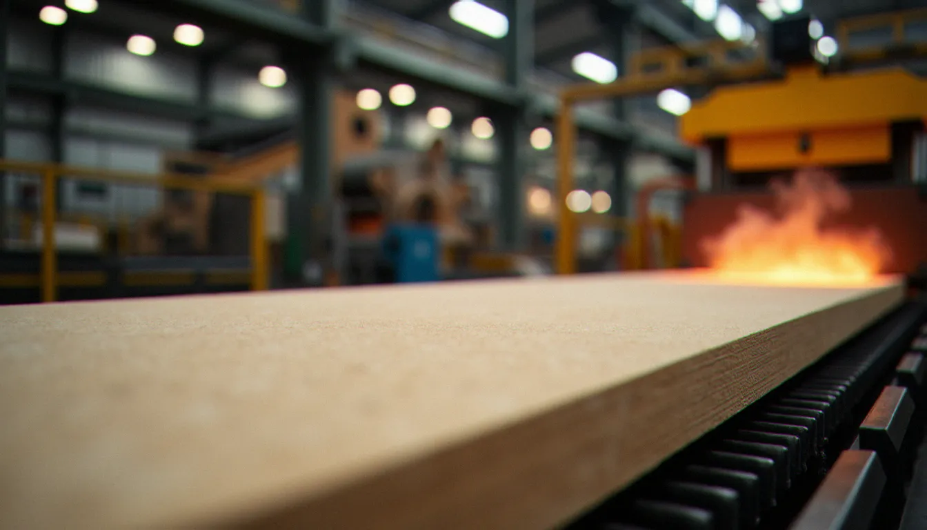 Ligne de production industrielle de panneaux de particules avec presse à chaud dans une usine de fabrication de panneaux bois