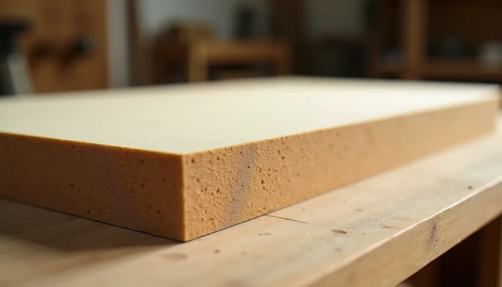 Coupe transversale d'un panneau d'aggloméré de bois montrant les différentes couches de particules sur un établi d'atelier