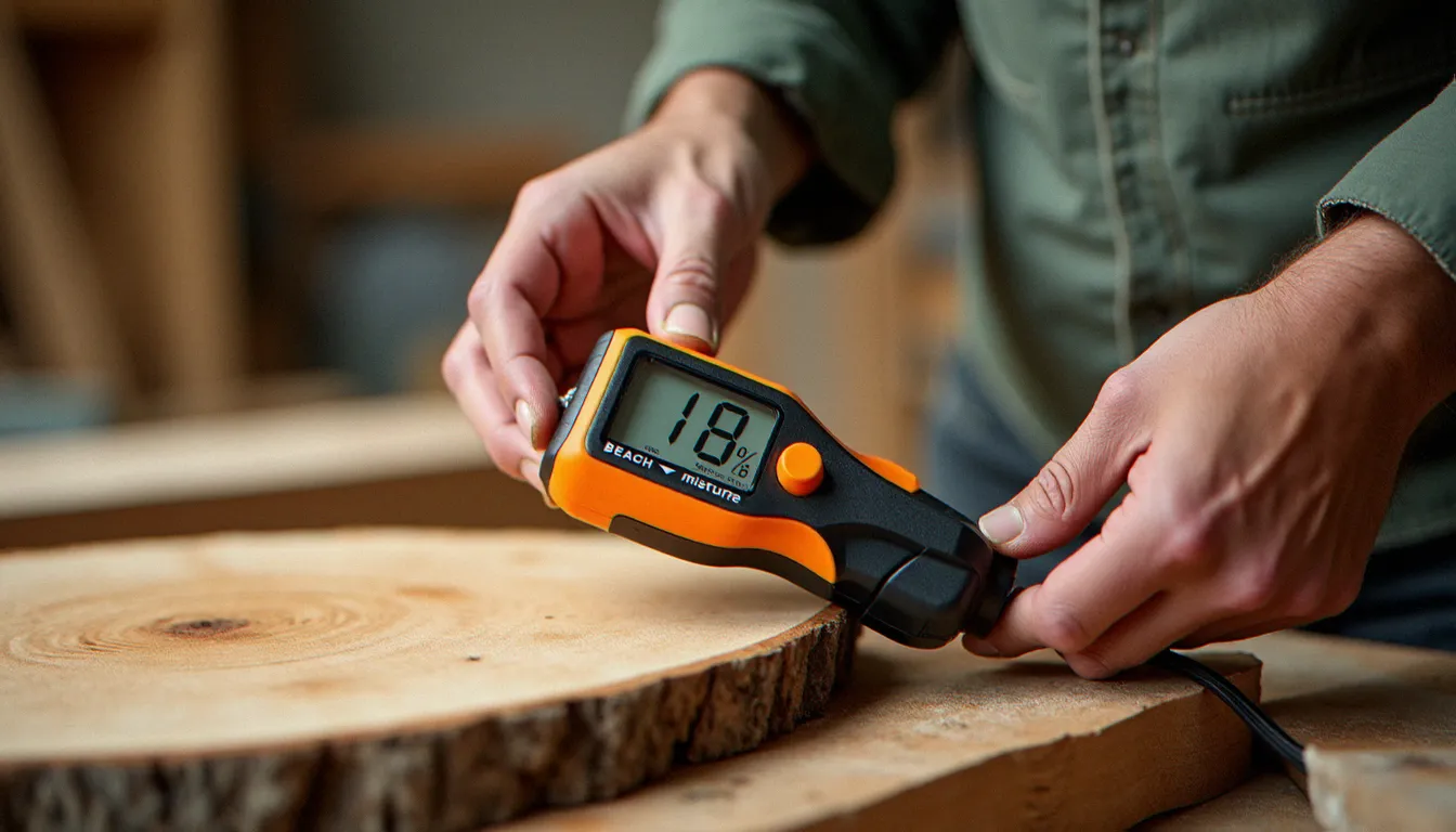 Hygromètre numérique mesurant le taux d'humidité d'une bûche de hêtre fraîchement fendue pour vérifier la qualité du bois de chauffage