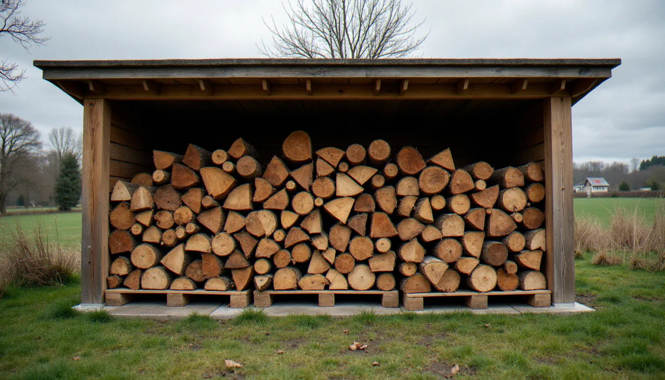 Abri de stockage de bois de chauffage bien ventilé avec bûches empilées sur palettes dans un jardin du nord de la France