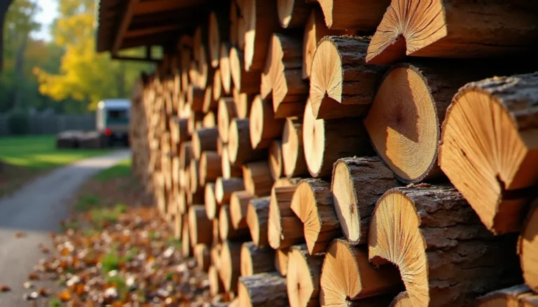 Stères de bois de chêne sec empilés dans un dépôt de bois de chauffage dans le Nord de la France, illustrant un avis sur bois énergie nord