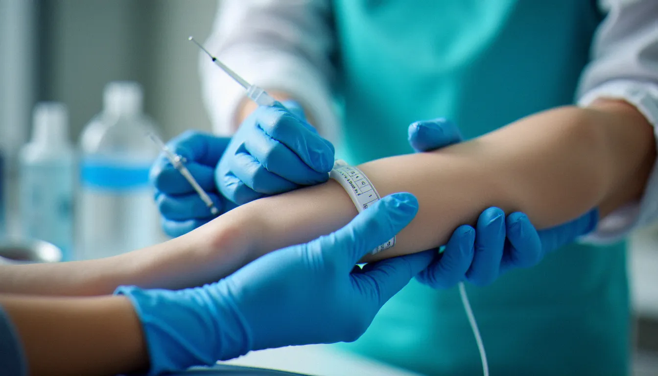 Prise de sang réalisée par un préleveur en laboratoire d'analyses médicales, matériel stérile et gants bleus