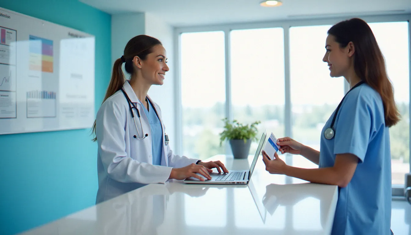 Accueil d'un laboratoire d'analyses médicales Biogroup, comptoir propre et lumineux avec personnel soignant accueillant un patient