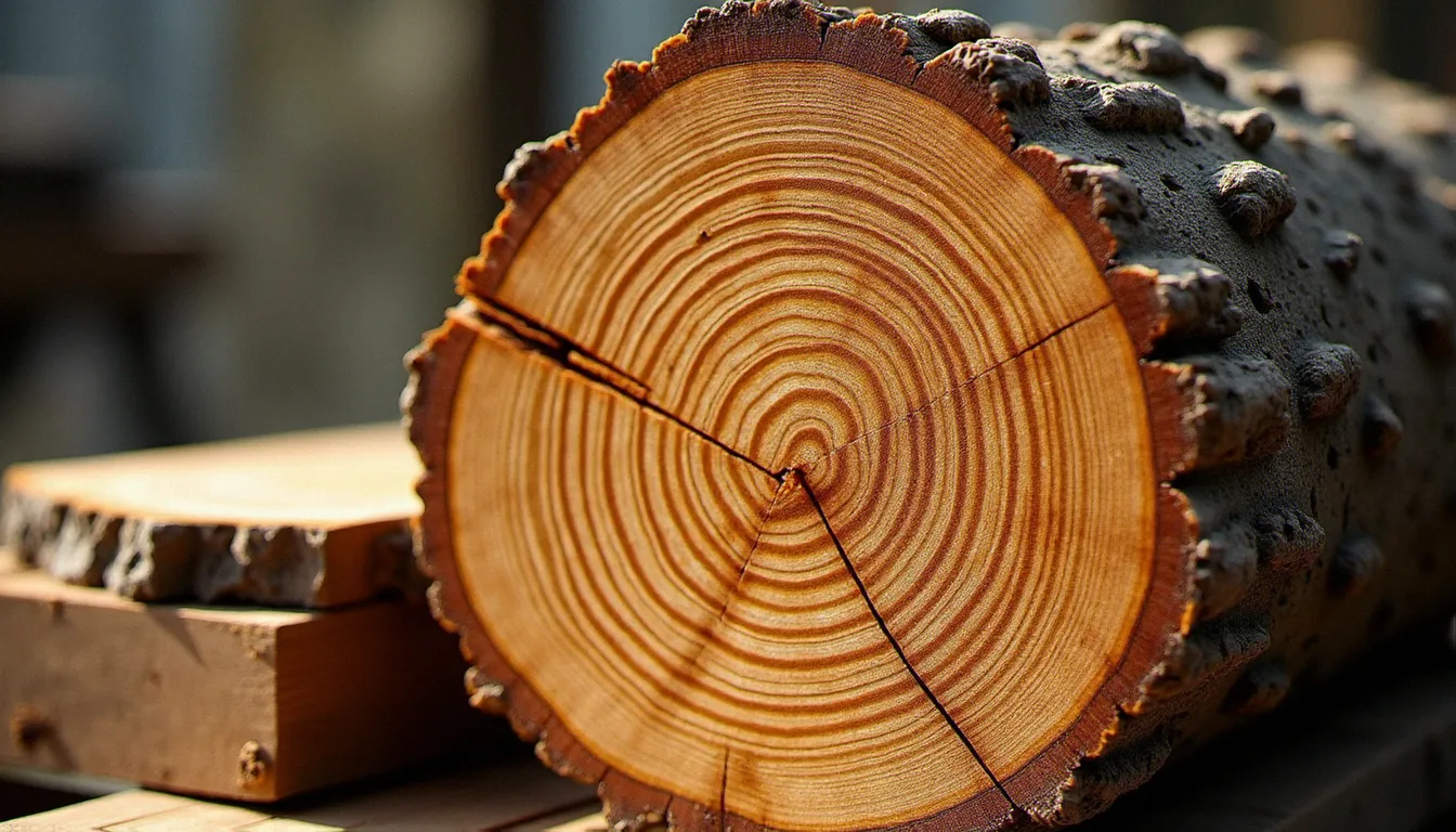 Coupe transversale d'un tronc de chêne révélant les cernes de croissance et les rayons médullaires responsables des motifs du bois
