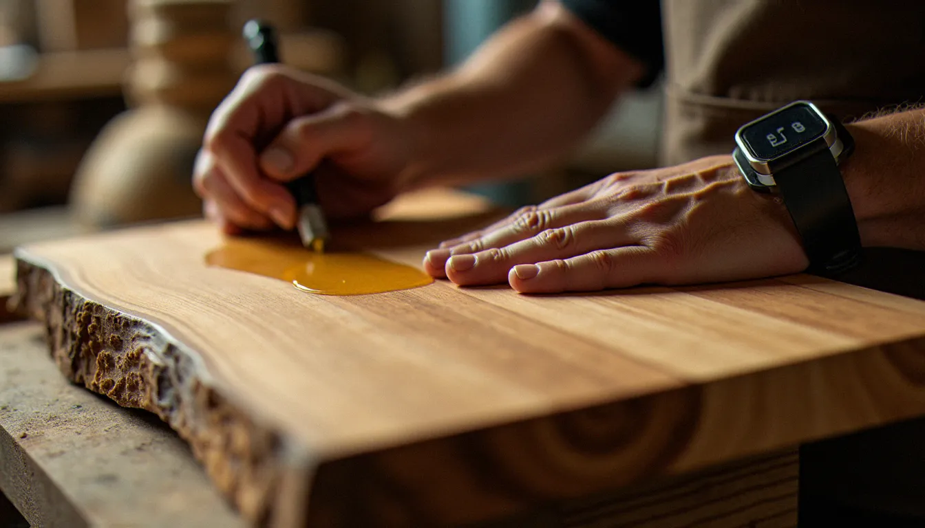 Artisan appliquant une finition huile sur une planche de frêne ondé, faisant ressortir le chatoyant du bois avec motif ondé