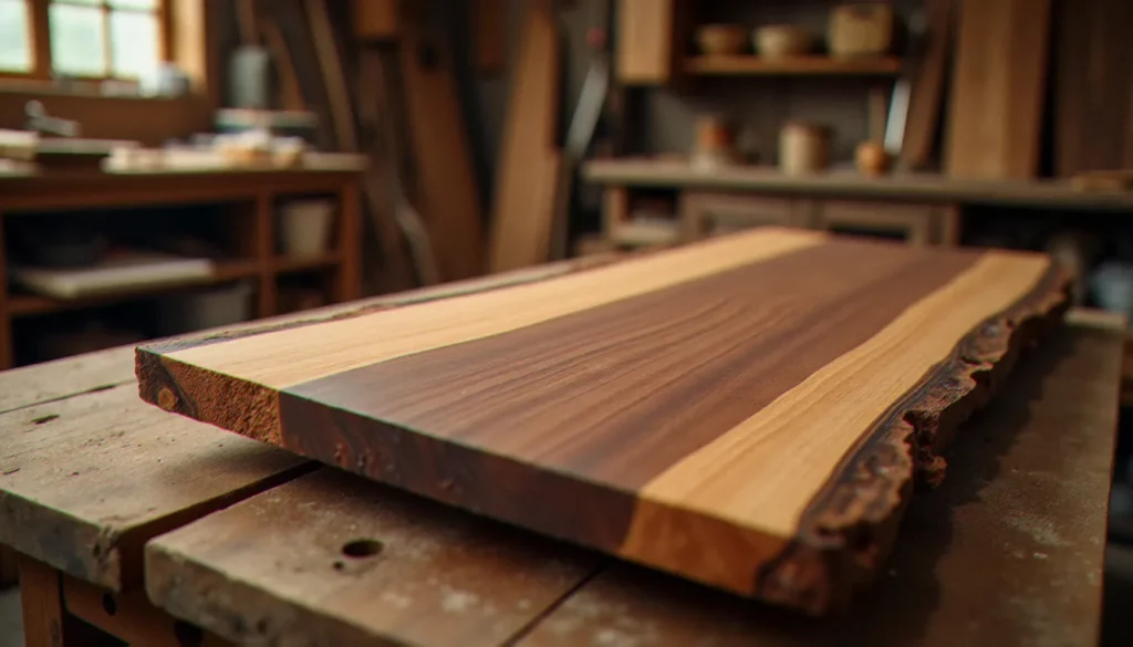 Planche de noyer massif avec motif naturel de veinage tourbillonnant, posée sur un établi d'atelier — exemple de bois avec motif remarquable