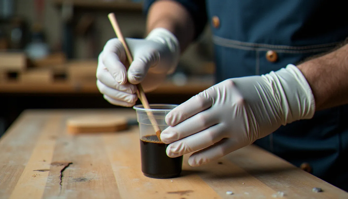 Mains d'artisan mélangeant de la résine époxy bi-composante dans un gobelet pour application sur bois