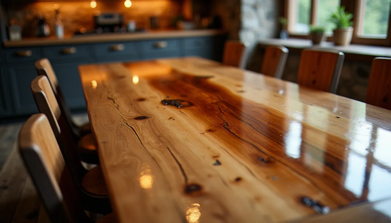 Table à manger en chêne massif avec résine transparente comblant les fissures naturelles, finition miroir dans un intérieur moderne