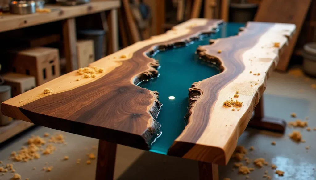 Plateau de bois avec résine époxy bleue coulée entre deux dalles de noyer, vue de dessus en atelier artisanal