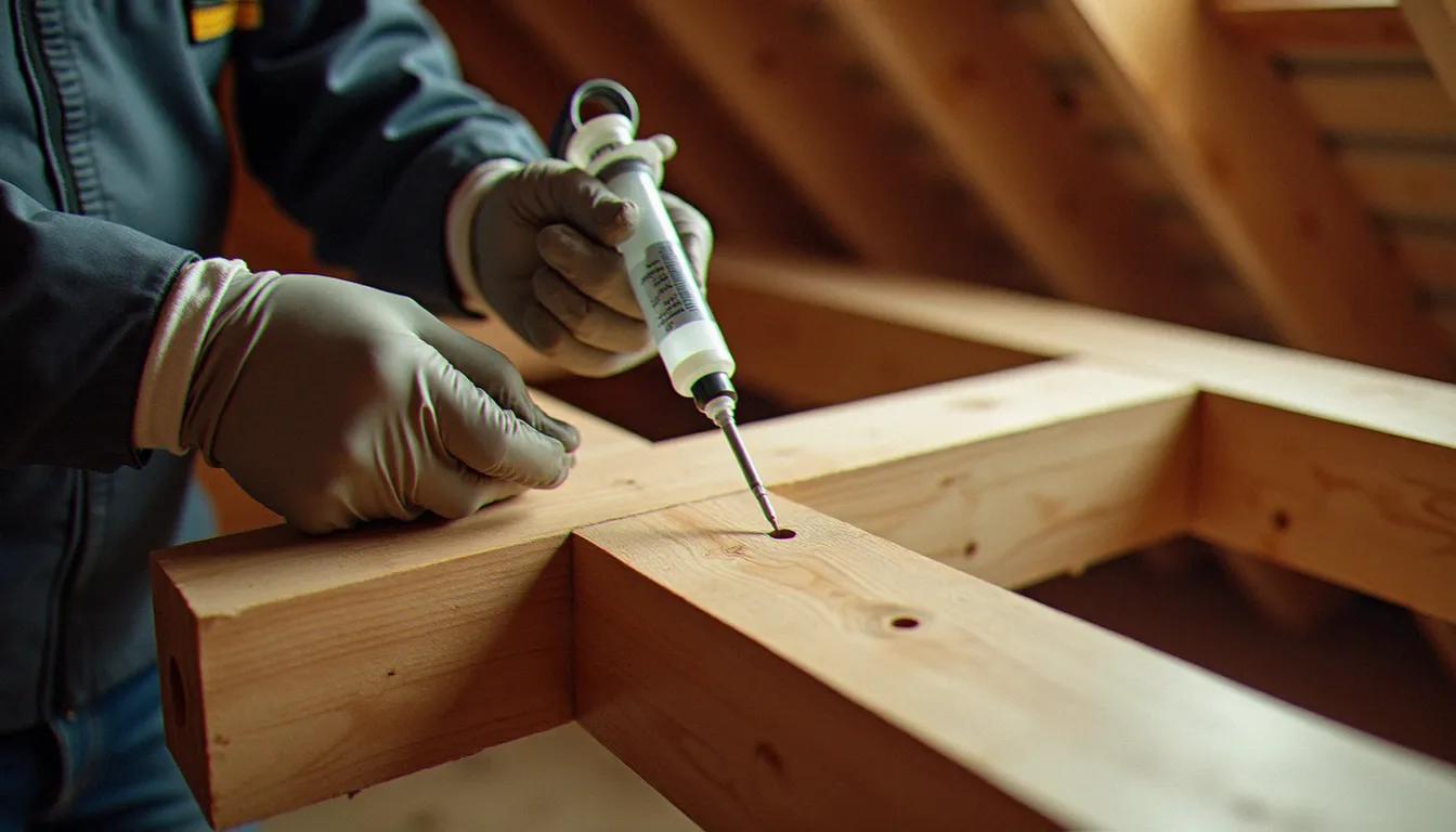Artisan traitant par injection un bois avec trou dans une charpente de grenier avec un produit insecticide professionnel
