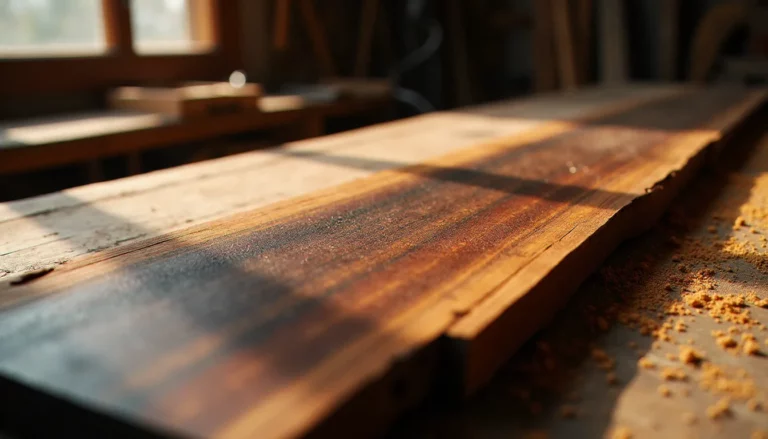 Planche de wengé fraîchement rabotée révélant ses veines noires caractéristiques sur fond brun chocolat dans un atelier de menuiserie artisanale