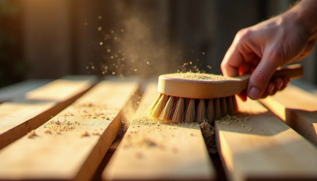 Nettoyage à la brosse douce de planches en bois brut non traité, montrant les pores ouverts du bois et les grains de sciure