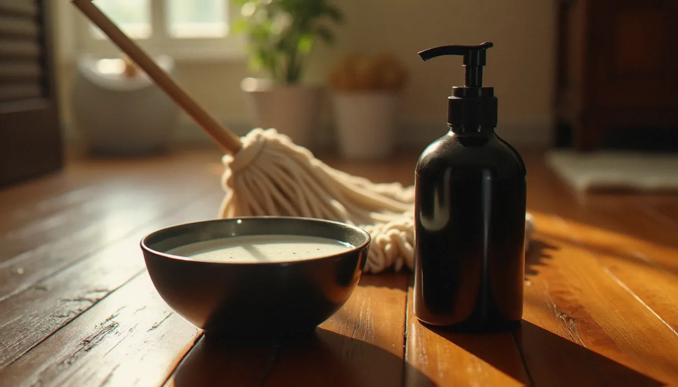 Produits naturels pour nettoyer le bois huilé — savon noir et eau tiède — posés sur un parquet en bois à l'entretien soigné