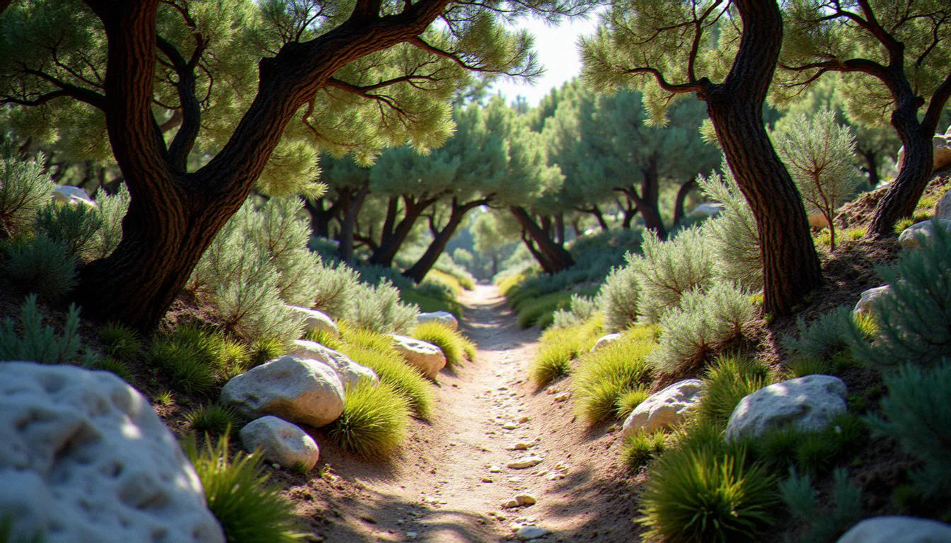 Sentier de randonnée dans le bois de Paiolive, végétation dense de chênes kermès et roches calcaires blanches en lumière naturelle