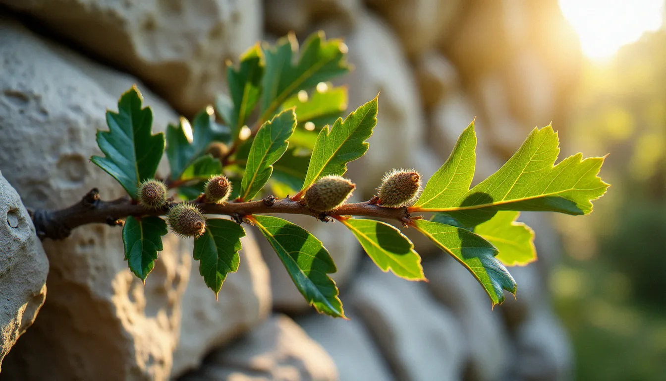 Détail d'une branche de chêne kermès avec feuilles épineuses persistantes et glands, fond de roche calcaire blanche du bois de Paiolive