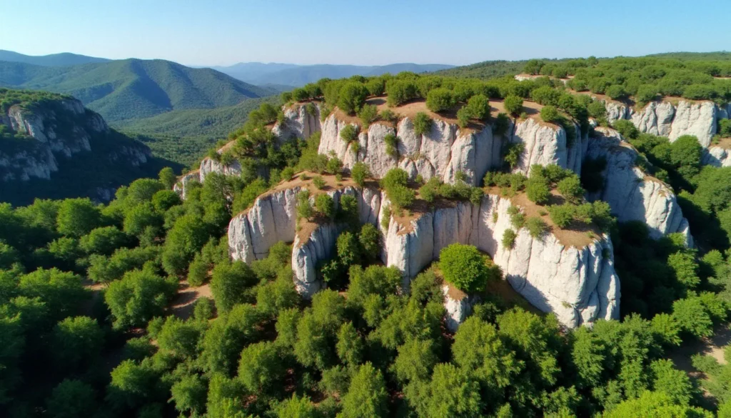 Vue aérienne du bois de Paiolive en Ardèche, forêt dense de chênes kermès sur plateau calcaire avec chaos rocheux blancs
