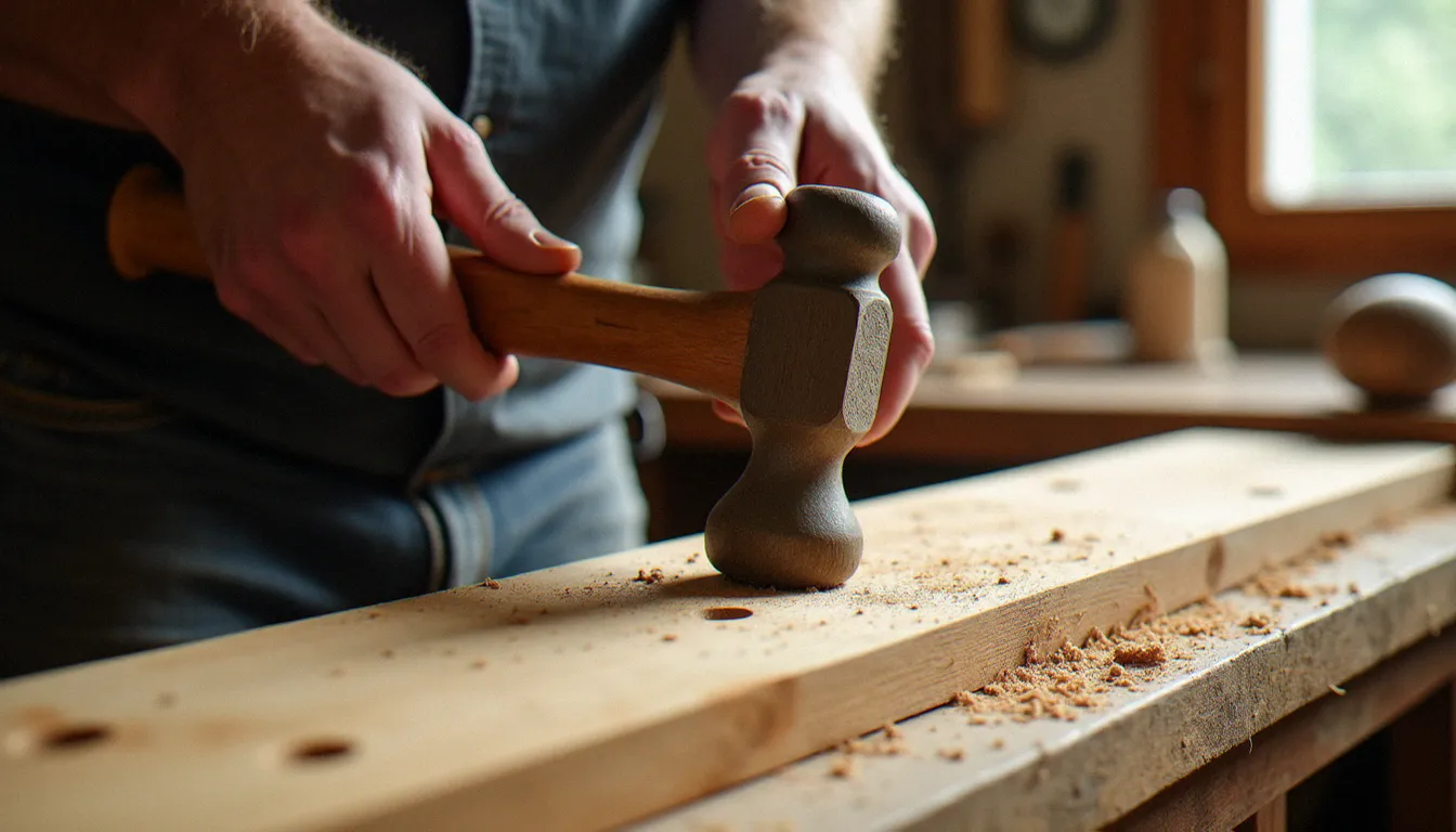 Artisan martelant à la main une planche de chêne sur un établi pour créer un effet martelé, copeaux de bois visibles autour de la pièce en cours de travail