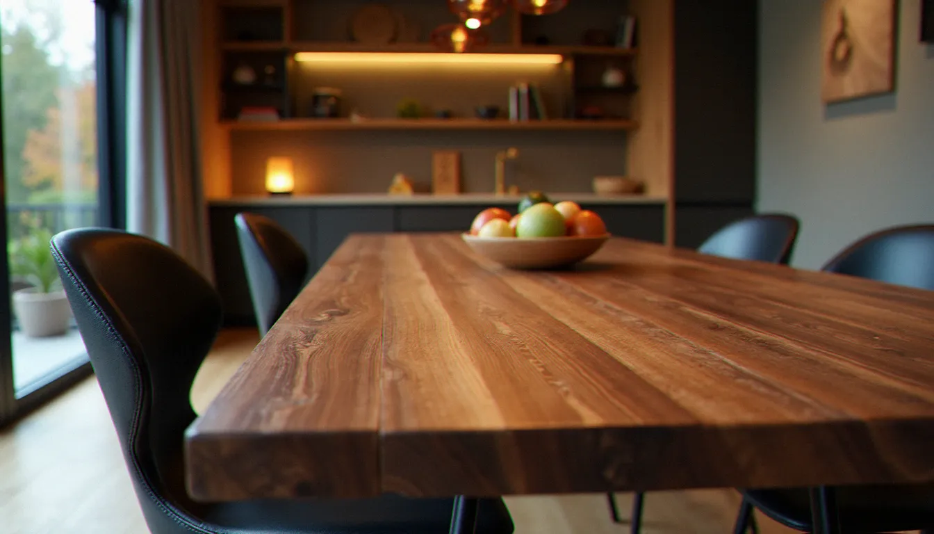 Table de salle à manger en noyer massif avec une surface bois effet martelé, dans un intérieur contemporain rustique, éclairage d'ambiance chaleureux