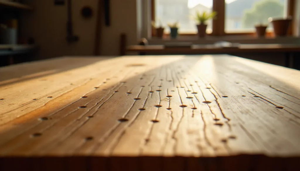 Surface en chêne massif présentant un bois effet martelé, avec de petites empreintes régulières réparties sur toute la surface, éclairage naturel chaud en atelier