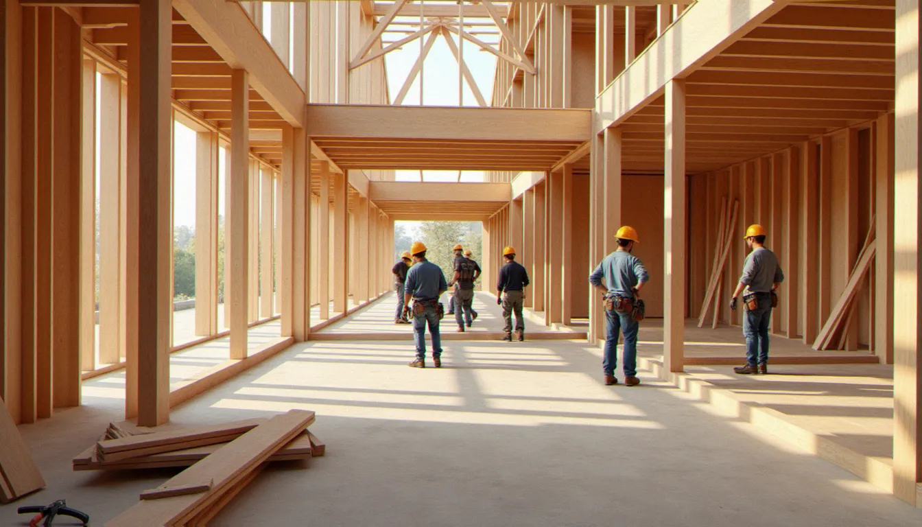 Chantier de construction à ossature bois en milieu urbain français avec pose de poutres en douglas et panneaux CLT