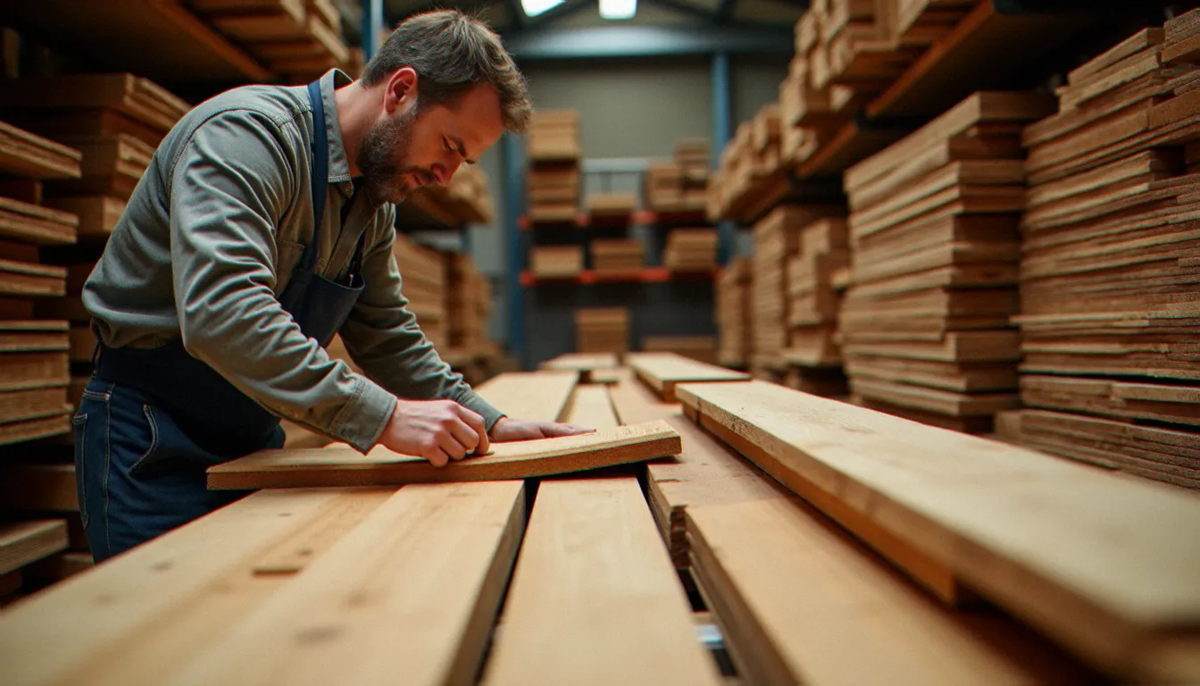 Intérieur d'un négoce bois spécialisé français avec rangées de planches triées par essence, chêne, pin et douglas français visibles