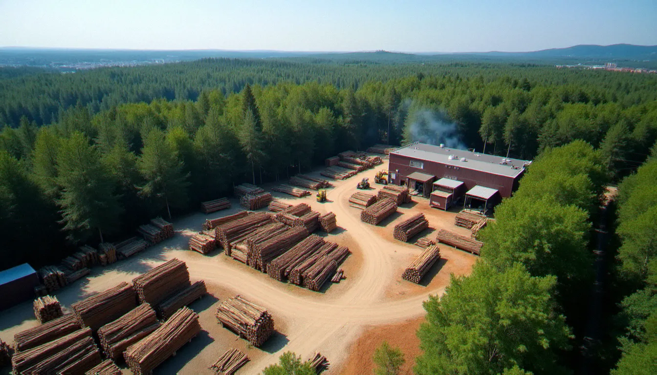 Vue aérienne d'une ville française entourée de forêt avec un chantier de stockage de bois france ville au premier plan