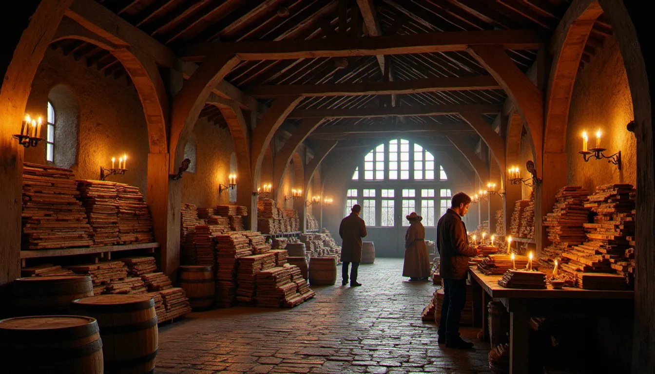 Reconstitution d'un marché médiéval néerlandais avec charpente en bois, illustrant le commerce du bois à l'époque de Bois-le-Duc