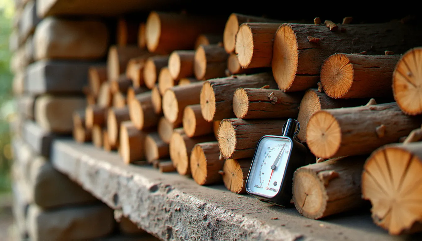 Stères de bois de chauffage en chêne et hêtre empilés sous un abri en Occitanie, avec hygromètre pour mesurer le taux d'humidité