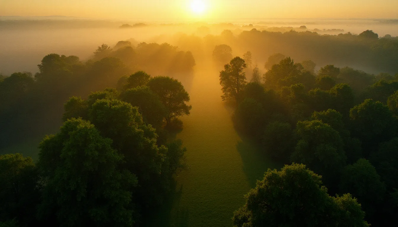 Vue aérienne d'une forêt dense européenne évoquant les anciens bois ducaux liés à Bois-le-Duc