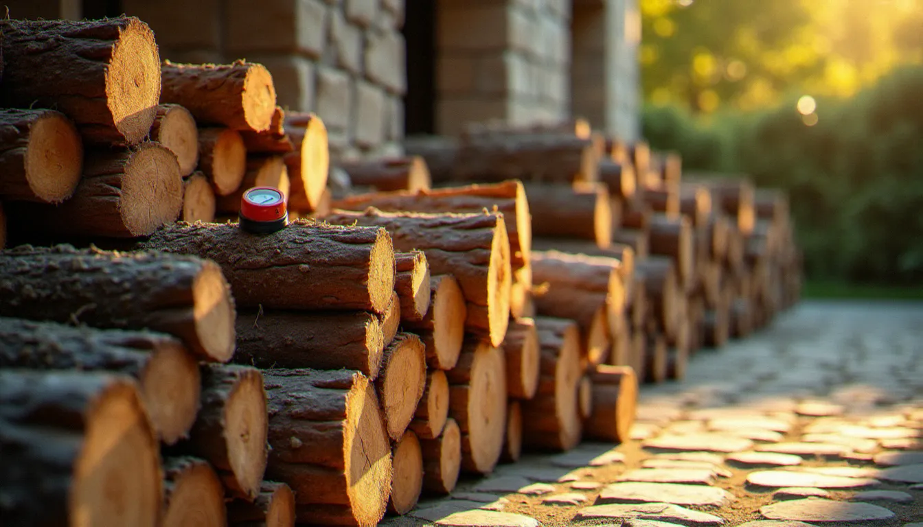 Stère de bois de chauffage en chêne et charme empilé dans une cour provençale, avec un humidimètre posé sur les bûches pour contrôler le taux d'humidité.