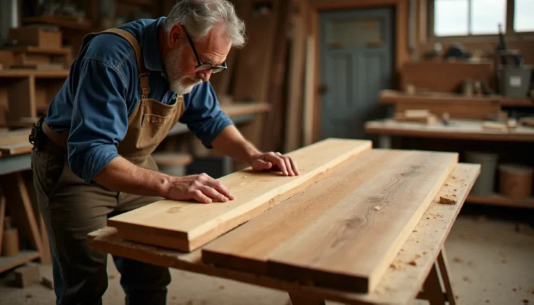 Un artisan bois compare plusieurs essences — chêne, douglas, noyer — dans son atelier, en lumière naturelle, pour choisir le bois meilleur selon l'usage.