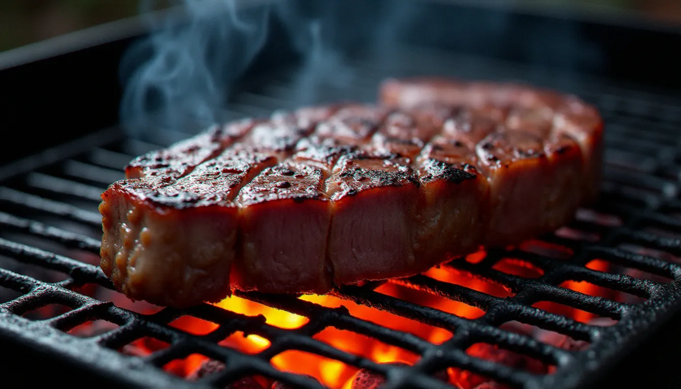 Côte de bœuf grillée au bois naturel sur braises de chêne avec un anneau de fumée visible à la coupe