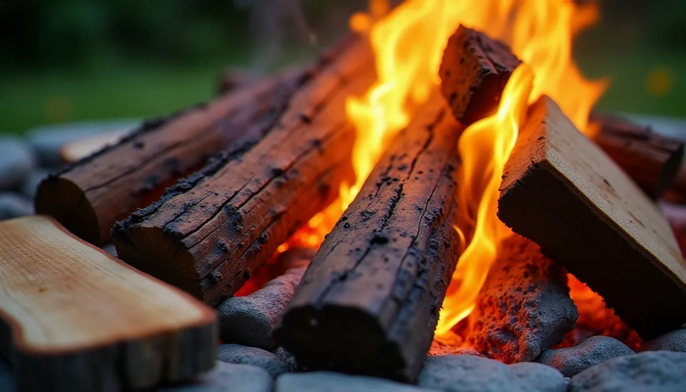 Barbecue en bois naturel avec des bûches de chêne et cerisier en combustion produisant des braises rouges sur une grille en fonte