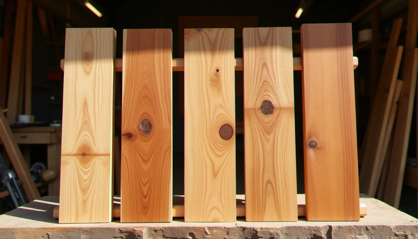 Comparaison d'essences de bois naturel extérieur : châtaignier, mélèze, ipé et robinier côte à côte sur un établi d'artisan