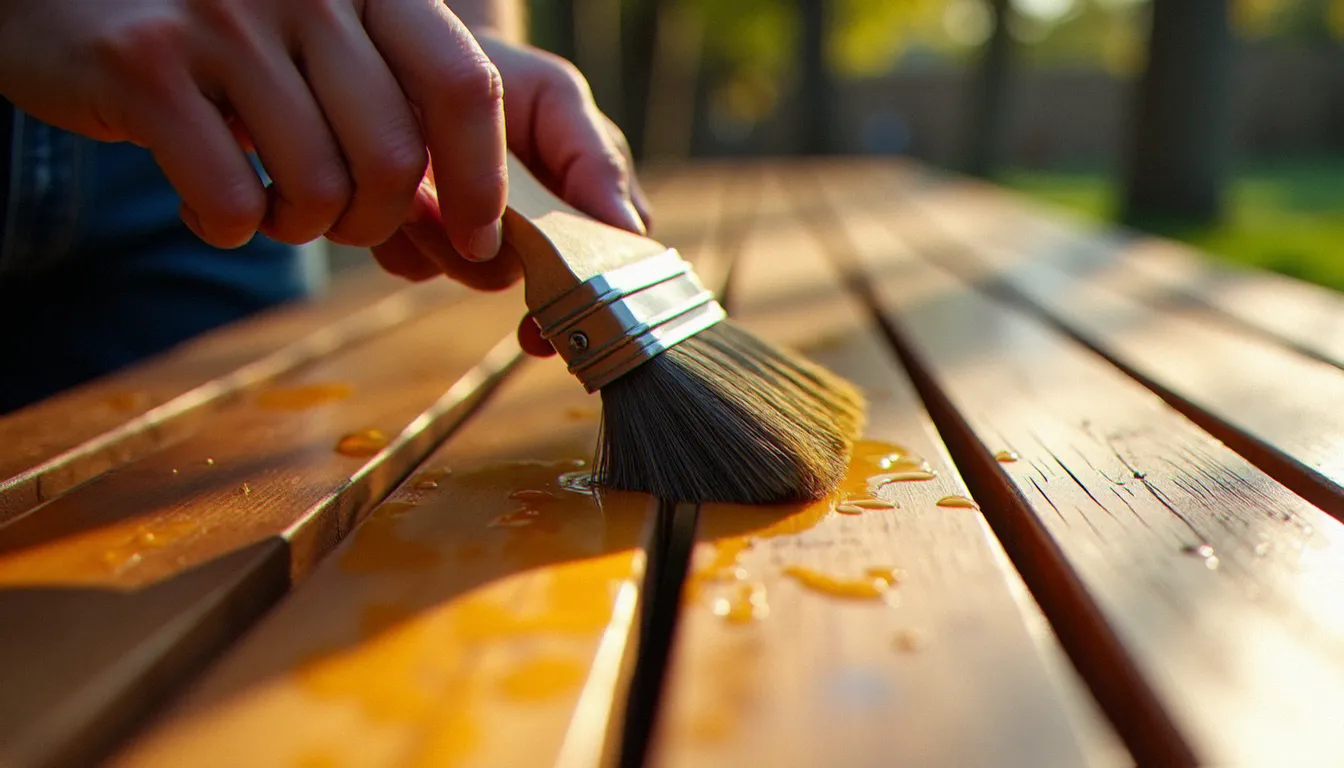 Application d'huile pénétrante sur une lame de bois naturel extérieur avec un pinceau large, traitement de protection en cours sur une terrasse