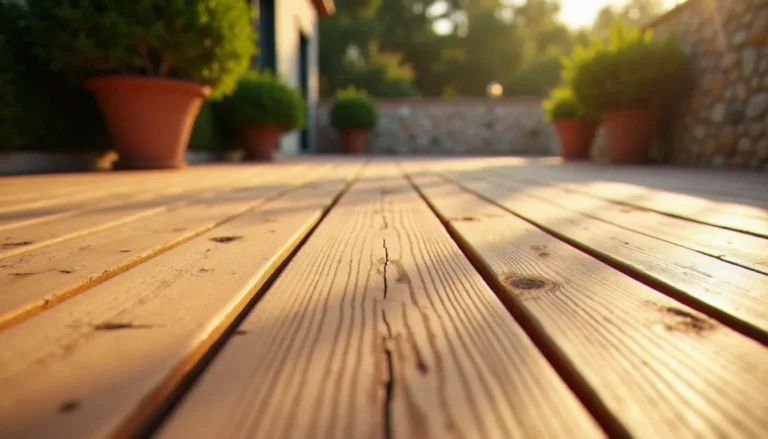 Lames de bois naturel extérieur installées en terrasse avec grain apparent, éclairage naturel chaud en lumière méditerranéenne