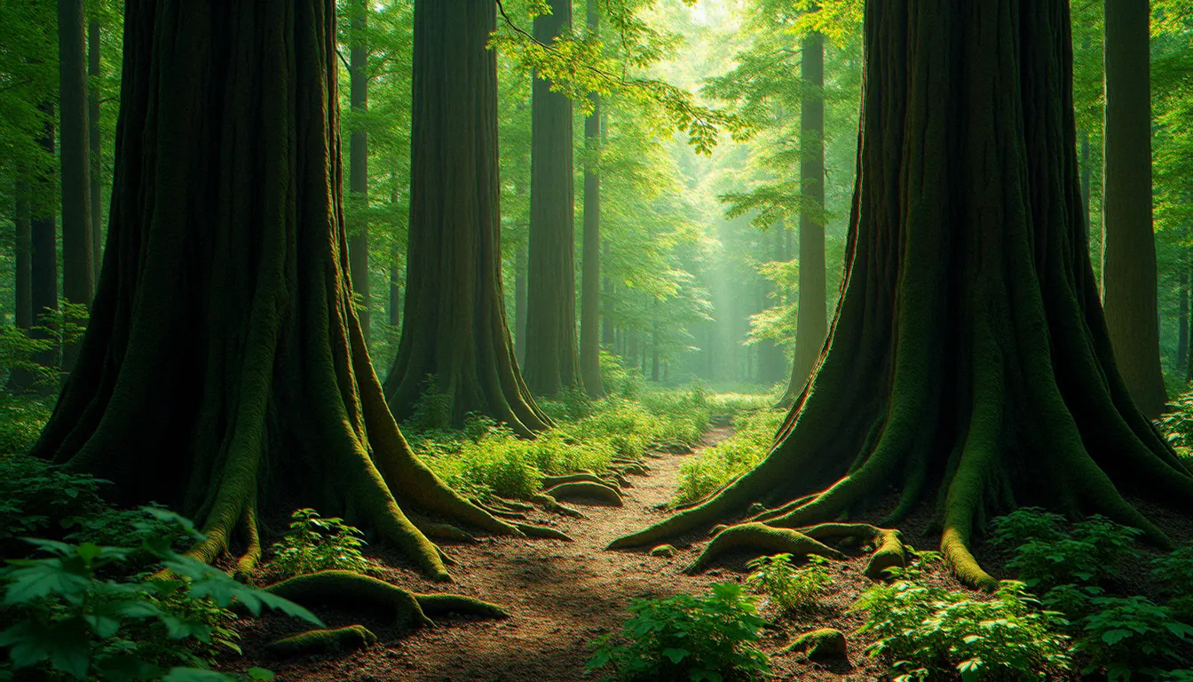 Forêt dense avec de grands arbres aux troncs épais dans une zone d'exploration de Palworld, source de bois robuste