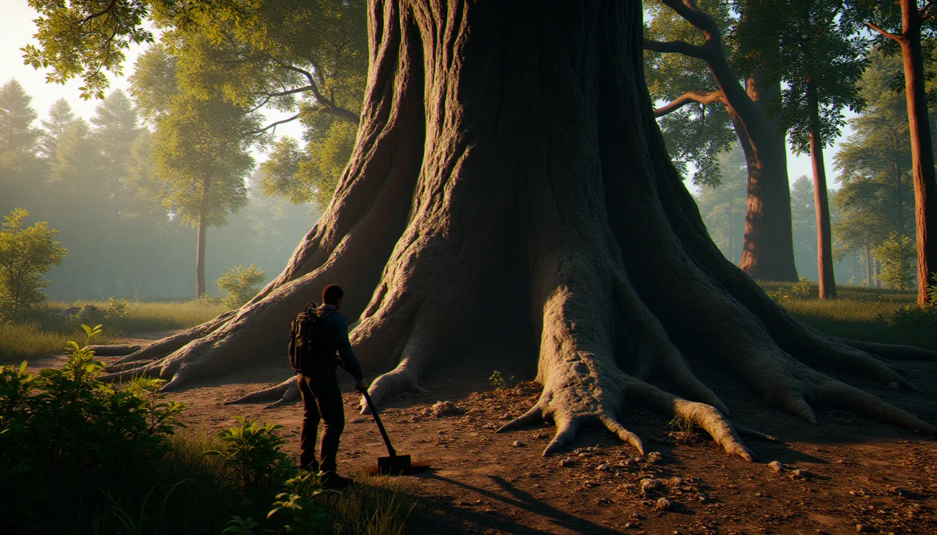 Un grand arbre à écorce sombre représentant une source de bois robuste dans l'univers de Palworld, au cœur d'une forêt dense