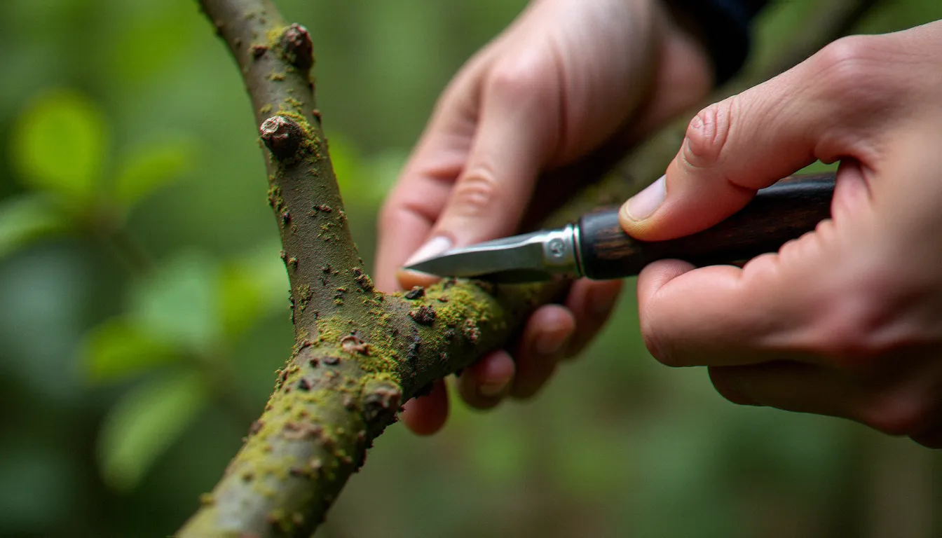 Test du cambium sur une branche d'arbre sans feuilles, main grattant l'écorce pour vérifier si le bois est encore vivant