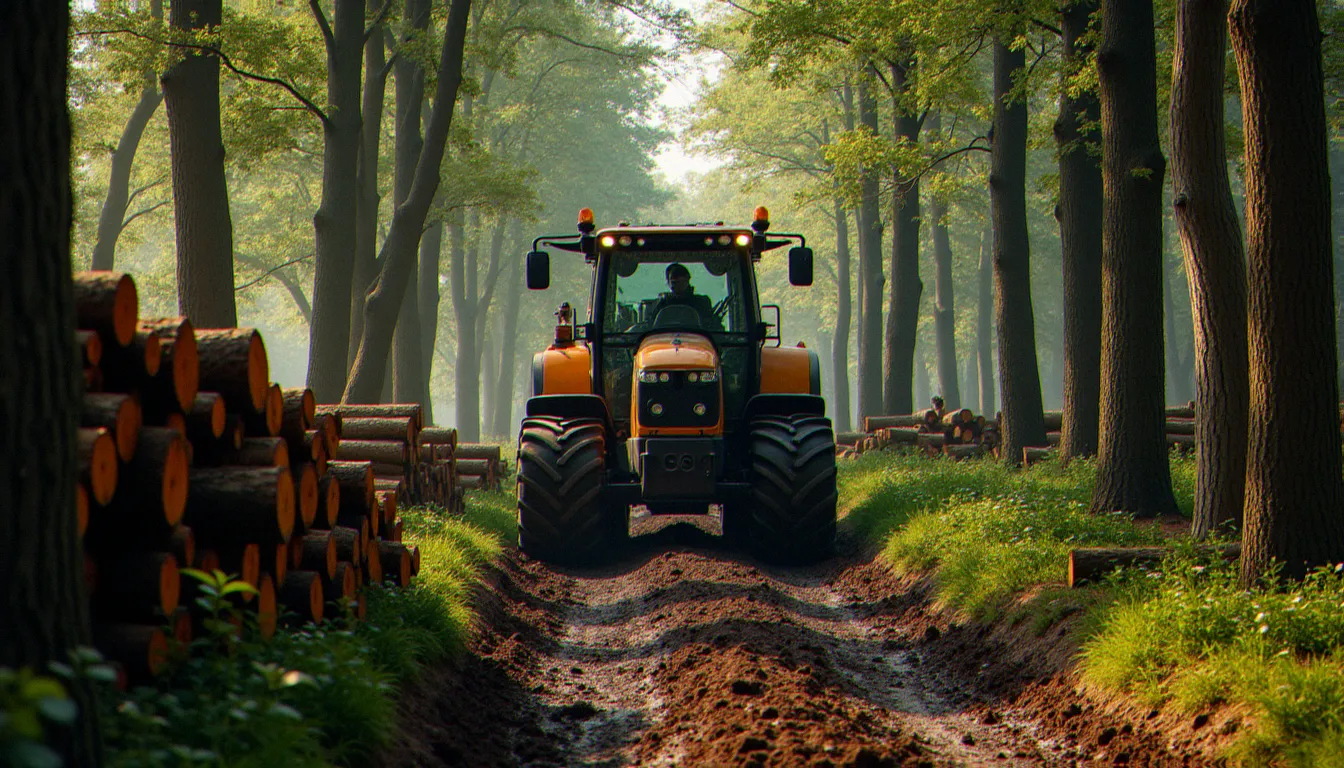 Engin de débardage forestier manœuvrant sur une piste étroite à accès unique dans un bois de chênes, avec des grumes empilées en bordure de chemin