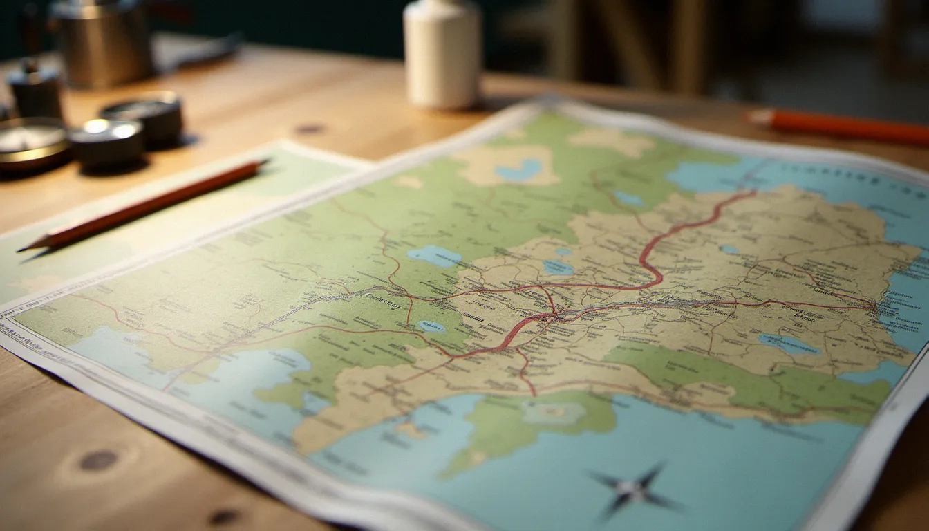 Plan cadastral d'une parcelle forestière posé sur une table en bois, montrant un bois sans issue sauf une avec son unique chemin d'accès visible