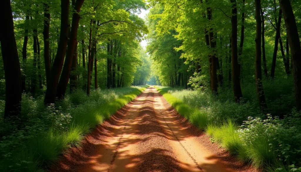 Vue d'un chemin forestier unique traversant un bois sans issue sauf une dans le sud de la France, avec des ornières dans un sol argileux rouge