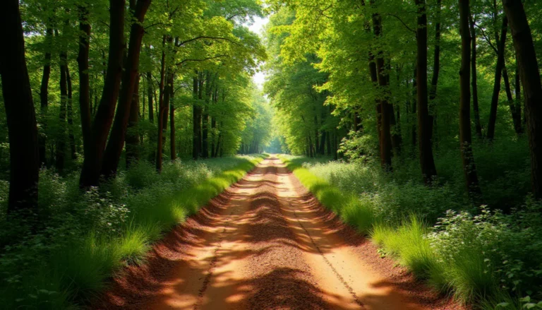 Vue d'un chemin forestier unique traversant un bois sans issue sauf une dans le sud de la France, avec des ornières dans un sol argileux rouge
